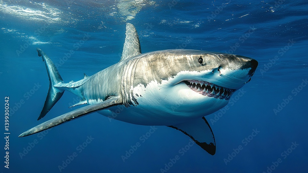 Naklejka premium Great white shark in deep blue ocean water.