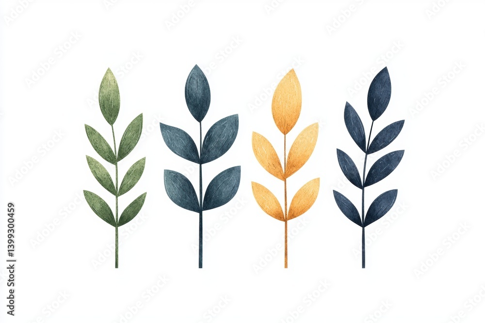 Fototapeta premium A collection of stylized leaves in various colors, showcasing a blend of greens, yellows, and blues, perfect for nature-inspired designs.