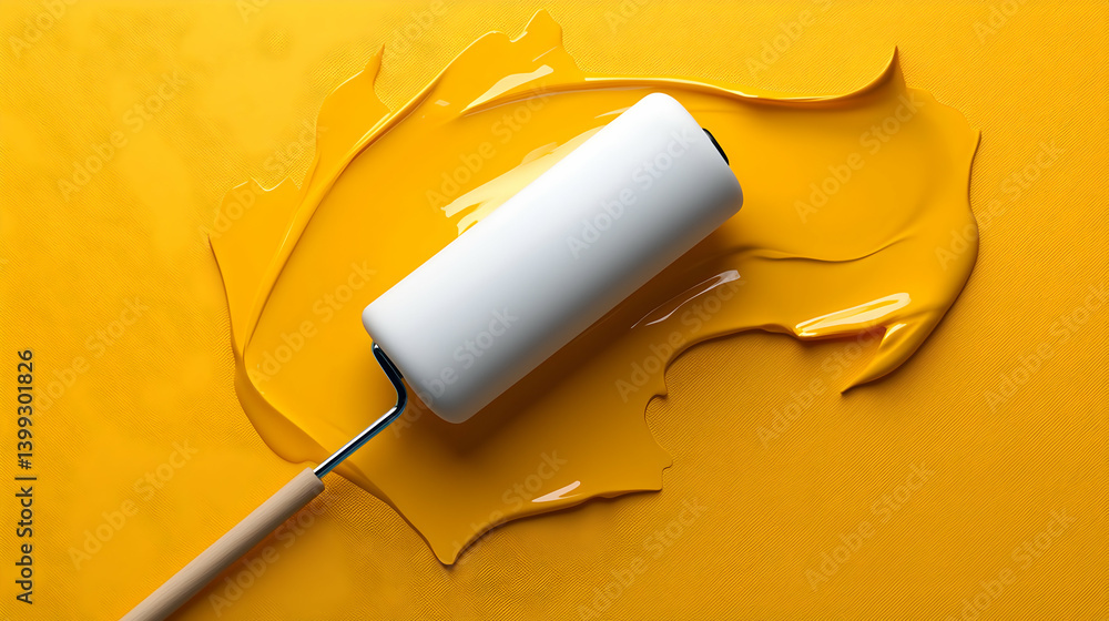 White Paint Roller in Yellow Paint Swatch White Paint Roller in Yellow Paint Swatch