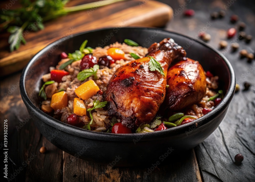 Macro Photography: Jamaican Jerk Chicken Rice Peas Black Bowl - Delicious Caribbean Food Macro Photography: Jamaican Jerk Chicken Rice Peas Black Bowl - Delicious Caribbean Food