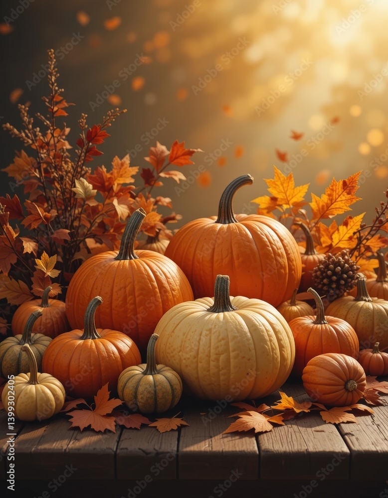 A rustic wooden table adorned with vibrant orange pumpkins of various sizes, surrounded by a scattering of colorful autumn leaves in shades of red, yellow, and brown. A rustic wooden table adorned with vibrant orange pumpkins of various sizes, surrounded by a scattering of colorful autumn leaves in shades of red, yellow, and brown.