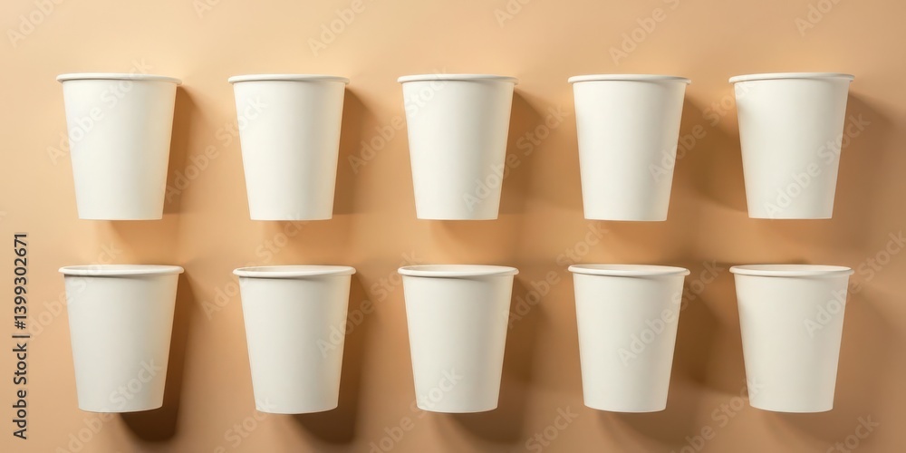 A Row of Blank White Paper Cups on a Light Brown Background A Row of Blank White Paper Cups on a Light Brown Background