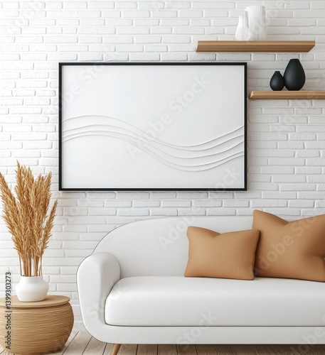 A modern living room featuring a white couch, minimalistic decor, and a framed abstract art piece against a textured white wall.