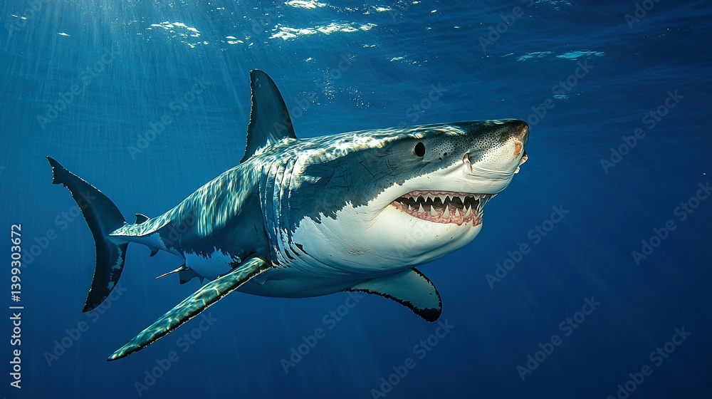 Fototapeta premium A majestic great white shark swims in the deep blue ocean.