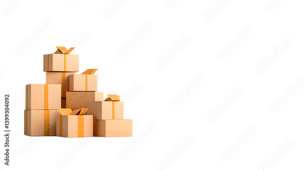 3D Render of Stacked Cardboard Boxes Arranged in Organized Rows on a Pristine White Platform with Soft Shadows Cast Across the Clean Industrial Style Studio Setting