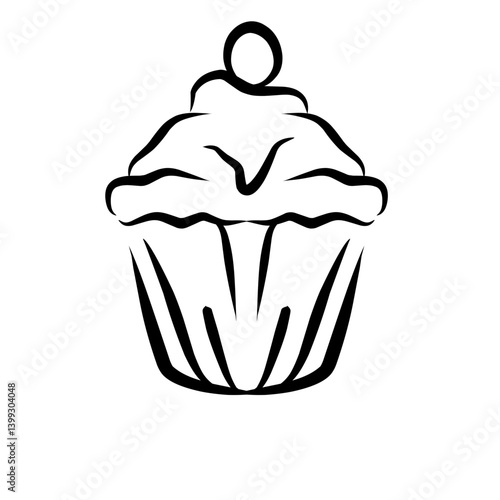 Simple illustration of a cupcake with a swirl of frosting and a cherry on top, minimalistic design