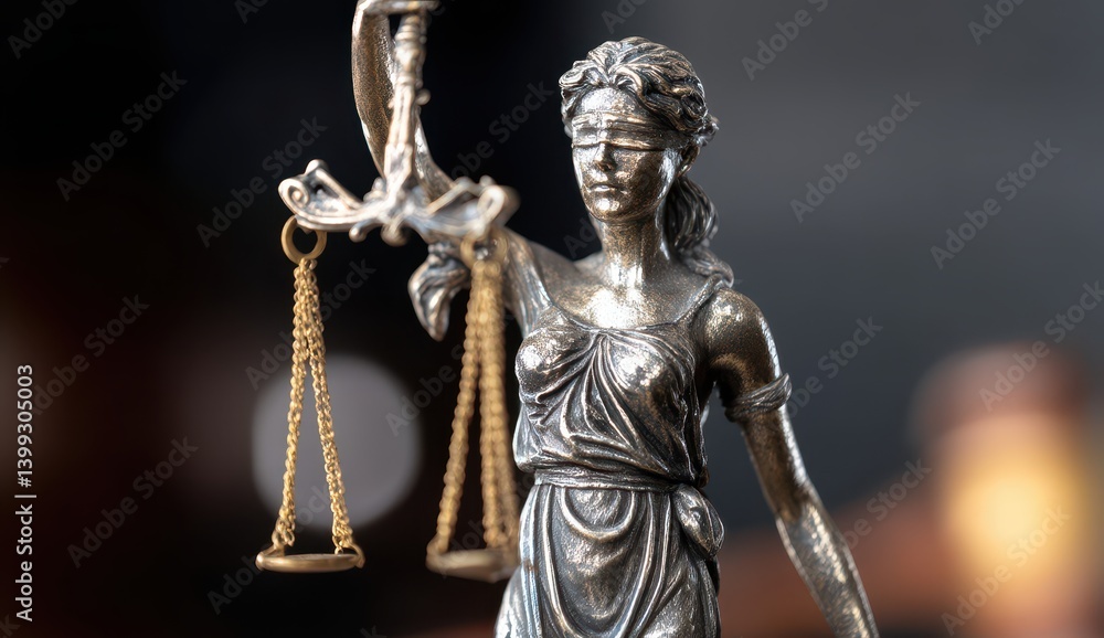 Fototapeta premium Statue of Lady Justice holding scales, symbolizing fairness and impartiality in a blurred background setting.