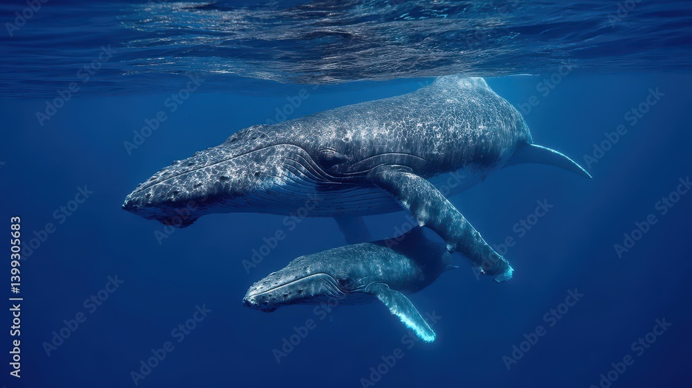 Fototapeta premium Majestic whales glide through deep blue waters.