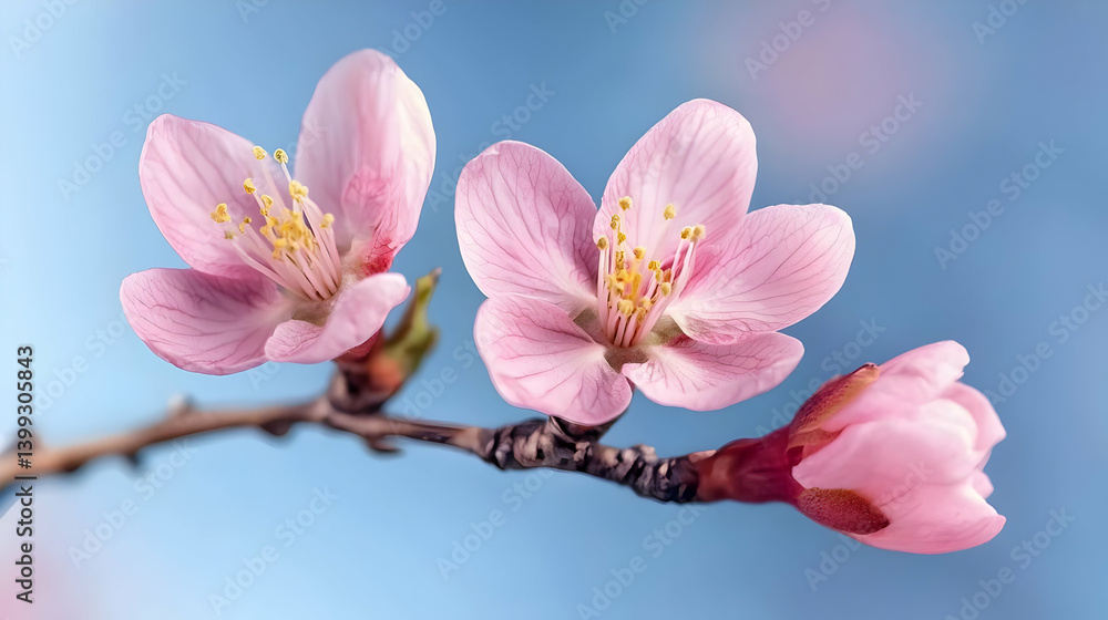 Fototapeta premium Pink Cherry Blossoms On Branch Against Light Blue Sky