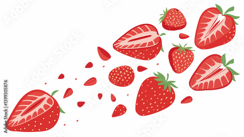 Realistic fresh red strawberry explosion. Whole, half, slice and pieces flying berries on transparent background.
