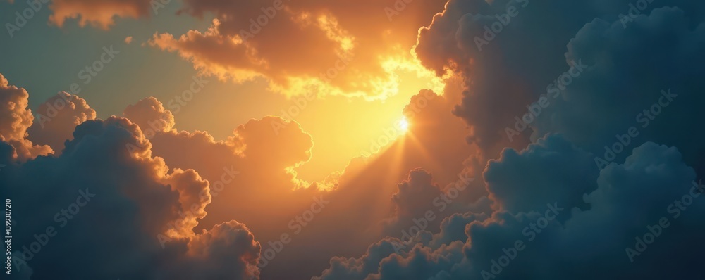Fototapeta premium Golden light beams pierce dramatic cloudscape, spiritual light, celestial