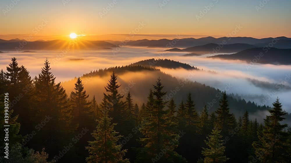 Sunrise Over Misty Mountains with Forest Landscape Scenery Sunrise Over Misty Mountains with Forest Landscape Scenery