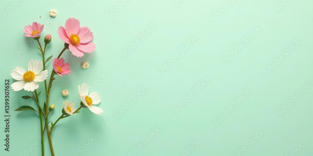 Naklejka premium Delicate Pink and White Flowers Arranged on a Soft Mint Green Background, Ideal for Spring or Summer Designs and Projects