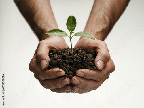 Striking close-up photograph of hands holding rich, dark soil with a delicate green seedling emerging against a pure white background. By IA Generative