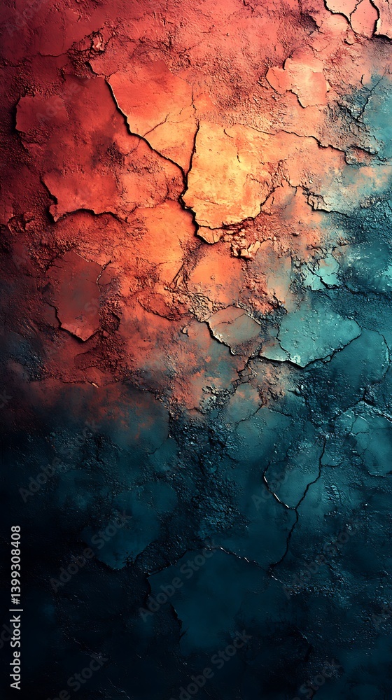 Fototapeta premium Abstract Textured Background Phone Wallpaper Orange Red Teal Colors with Cracks and Illuminated Effect