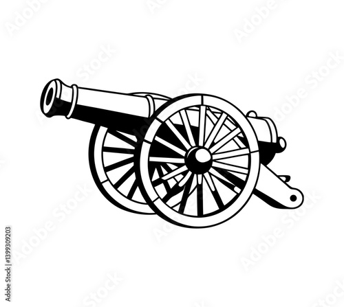 vintage cannon illustration historical war artillery, detailed hand drawn black and white sketch