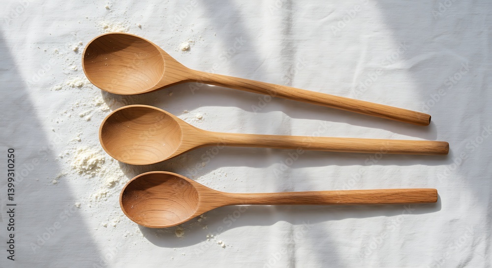 Wooden Spoons Arranged on White Surface with Flour Wooden Spoons Arranged on White Surface with Flour