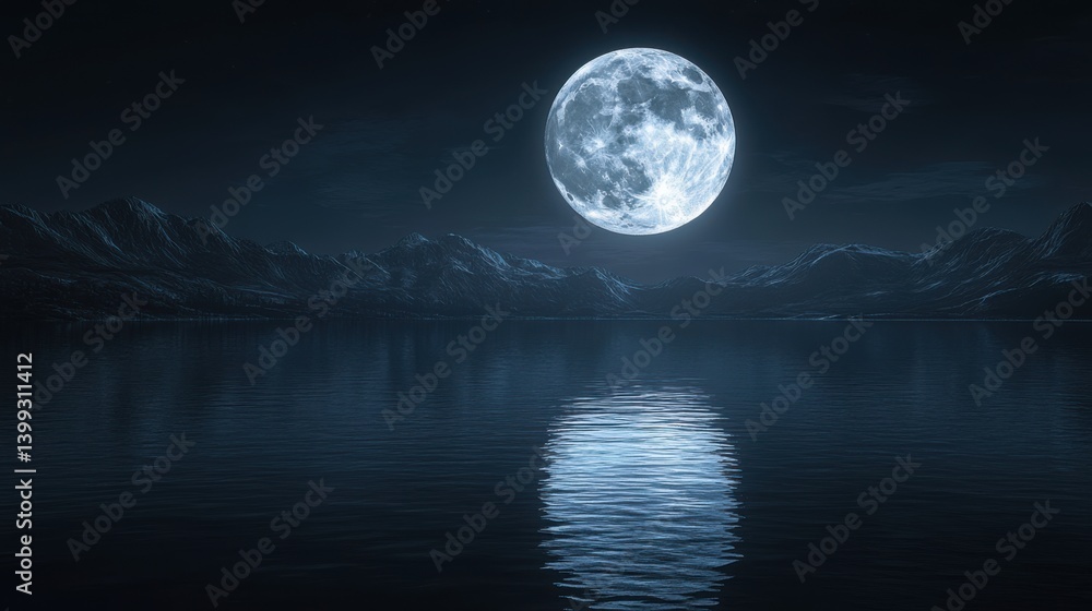 Naklejka premium A serene night scene featuring a full moon reflecting on calm waters, surrounded by dark silhouettes of mountains.
