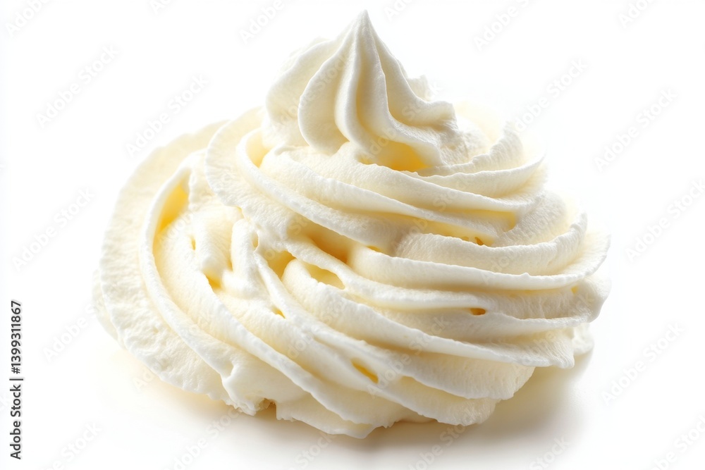 Whipped cream swirl close-up. A mound of whipped cream, textured with swirls and peaks, sits against a white background. The cream appears smooth and creamy Whipped cream swirl close-up. A mound of whipped cream, textured with swirls and peaks, sits against a white background. The cream appears smooth and creamy