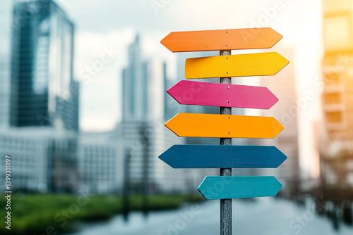 A vibrant directional signpost with colorful arrows stands against a modern city backdrop, suggesting exploration and guidance in an urban environment.
