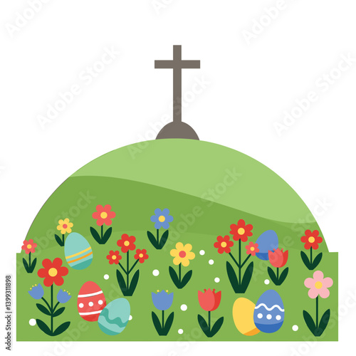 Easter Egg and Cross: A cheerful spring scene with painted eggs and a cross atop a lush, rolling hill, capturing the essence of rebirth and renewal.