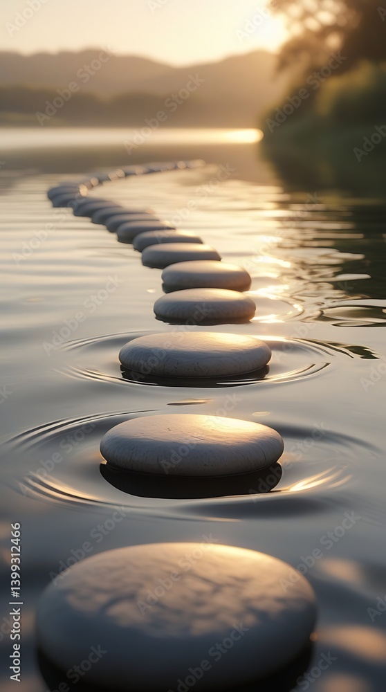 Serene sunset view of smooth stepping stones leading across a calm river surrounded by lush green nature
Serene sunset view of smooth stepping stones leading across a calm river surrounded by lush green nature