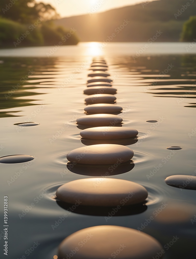 Serene sunset view of smooth stepping stones leading across a calm river surrounded by lush green nature
Serene sunset view of smooth stepping stones leading across a calm river surrounded by lush green nature