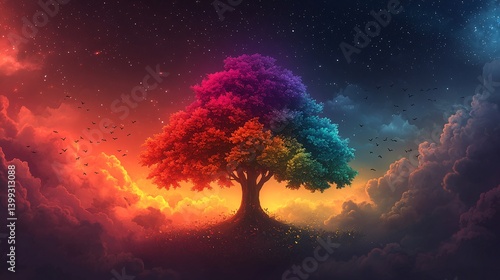Vibrant Tree Against Colorful Sky and Stars at Dusk