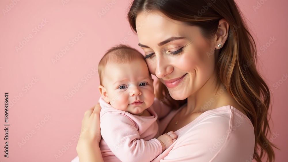 Mother-baby portrait shoot, Soft pink tones and lighting, First Mother's Day moment, Pure love expression Mother-baby portrait shoot, Soft pink tones and lighting, First Mother's Day moment, Pure love expression