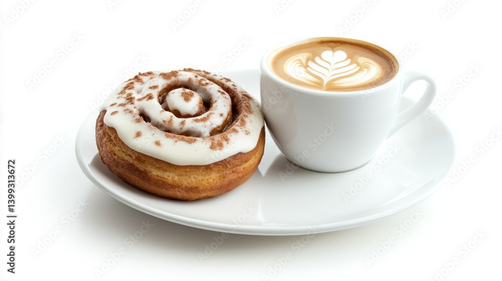 Iced cinnamon roll and latte art coffee presentation on a ceramic plate Iced cinnamon roll and latte art coffee presentation on a ceramic plate