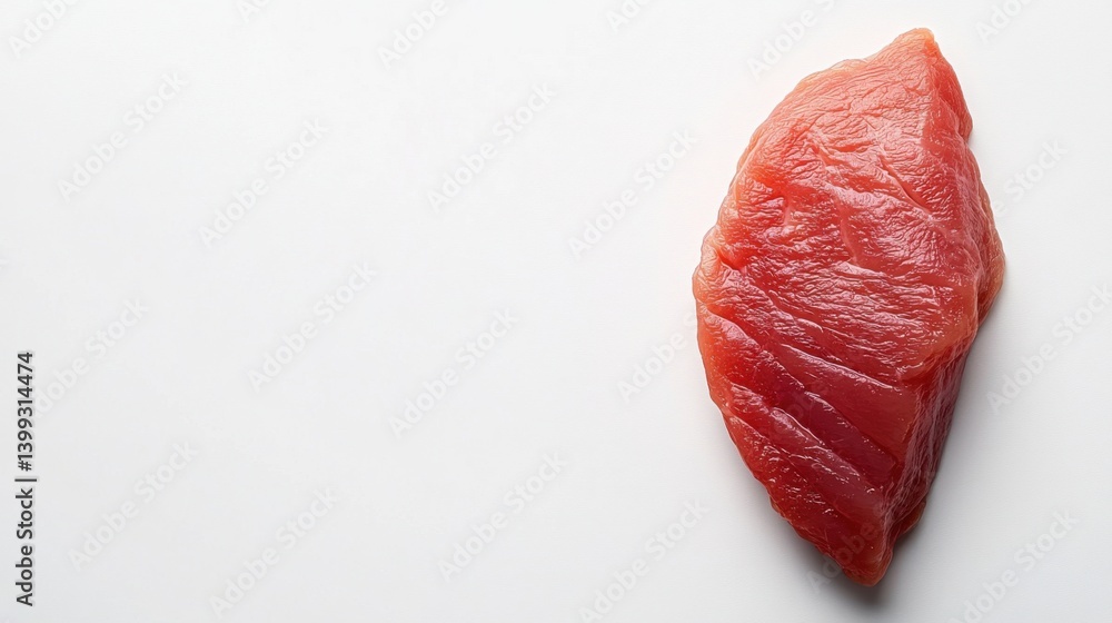 A close-up of a marbled piece of raw fish, showcasing its rich color and texture against a minimalist white background. A close-up of a marbled piece of raw fish, showcasing its rich color and texture against a minimalist white background.
