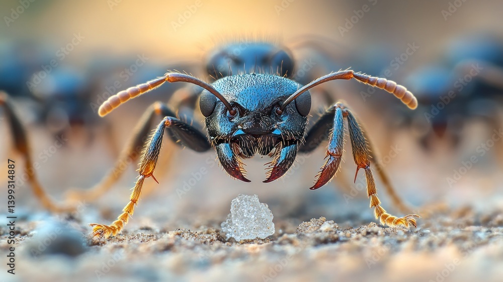 Close-up of aggressive ant carrying sugar on ground, blurred ants in background Close-up of aggressive ant carrying sugar on ground, blurred ants in background