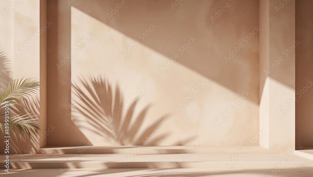 Fototapeta premium Minimal cosmetic background for product presentation. Sunshade shadow on beige plaster wall. 3d render illustration. Object isolate clipping path included
