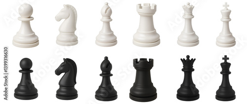3D Cartoon Chess Pieces Set in Black and White isolated on transparent background.generative AI
