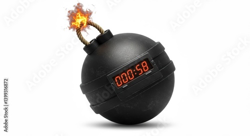 Spherical black bomb with burning fuse and digital countdown timer, isolated on white.
