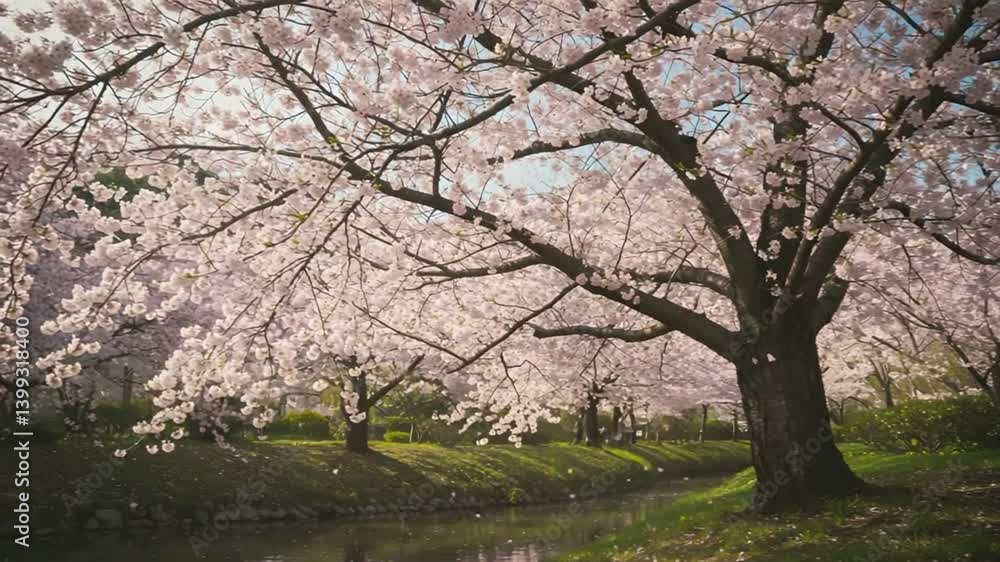 Tranquil spring cherry blossoms water scene Tranquil spring cherry blossoms water scene