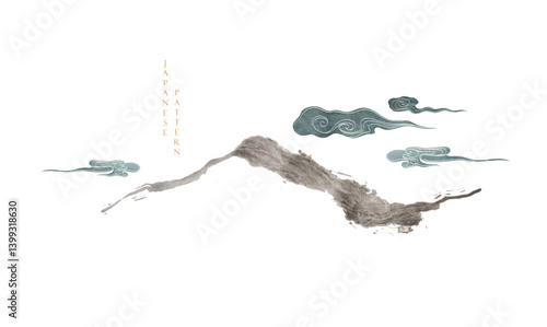 Japanese background with hand drawn mountain black and gold brush stroke texture vector. Hand drawn chinese cloud decorations in vintage style. Art abstract banner design.