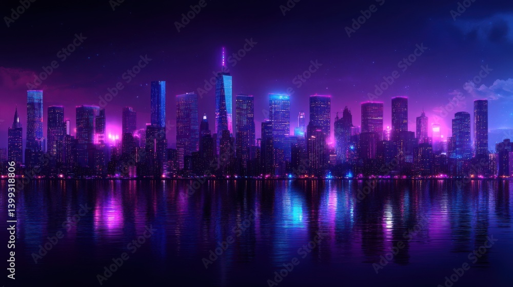 Fototapeta premium A vibrant city skyline at night, illuminated by colorful lights reflecting on the water.