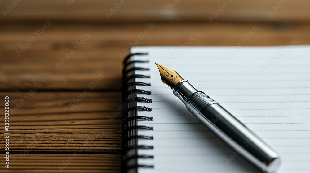 Elegant Fountain Pen Resting on Blank Spiral Notebook Paper with Wooden Background Elegant Fountain Pen Resting on Blank Spiral Notebook Paper with Wooden Background