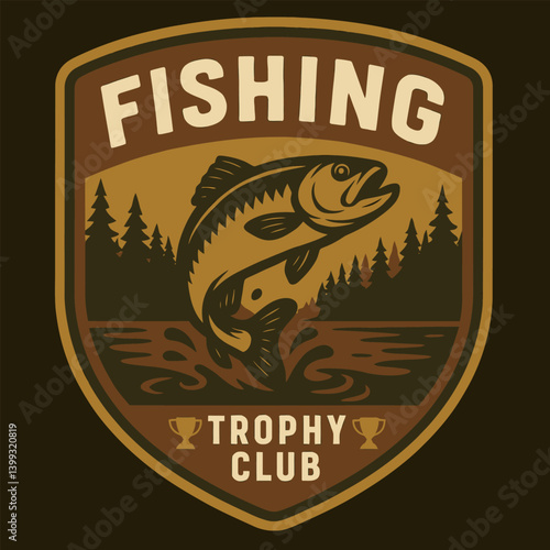Bass Jumping Out of Water, Trees and Trophies Vintage Style
