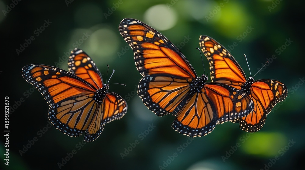 Fototapeta premium Three Monarch Butterflies in Flight: A Symphony of Nature's Beauty