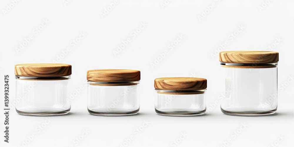 Four glass jars with wooden lids Four glass jars with wooden lids