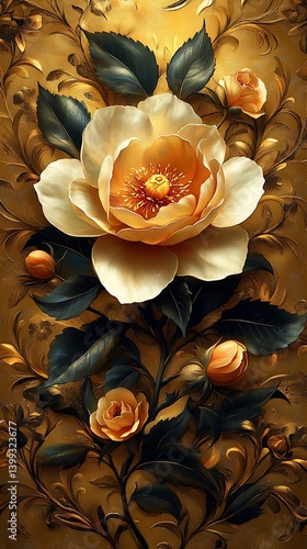 Artistic Peony Phone Wallpaper Cream Flower with Golden Floral Patterns on Warm Background

