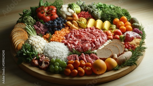 Wallpaper Mural A vibrant display of various fresh vegetables, fruits, and cuts of meat arranged artistically on a wooden platter, showcasing a rich variety of textures and colors. Torontodigital.ca