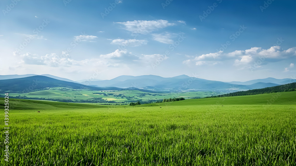 Green Meadow With Hills Under Sunny Sky Green Meadow With Hills Under Sunny Sky