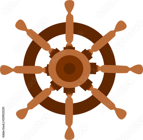 Nautical Brown Wooden Ship Wheel, Eight Spoke Design, Top View Illustration
