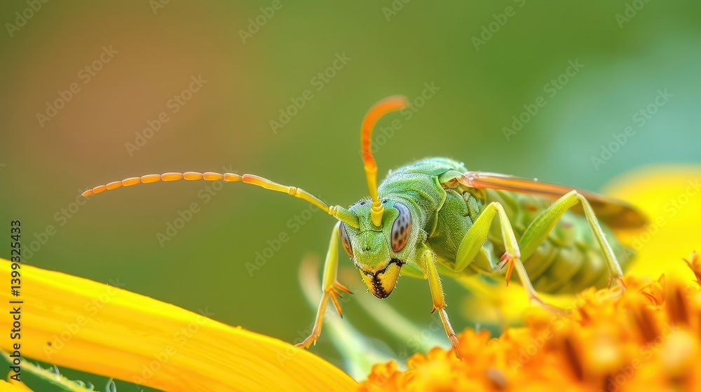 A close-up of a green insect perched on a vibrant flower. A close-up of a green insect perched on a vibrant flower.
