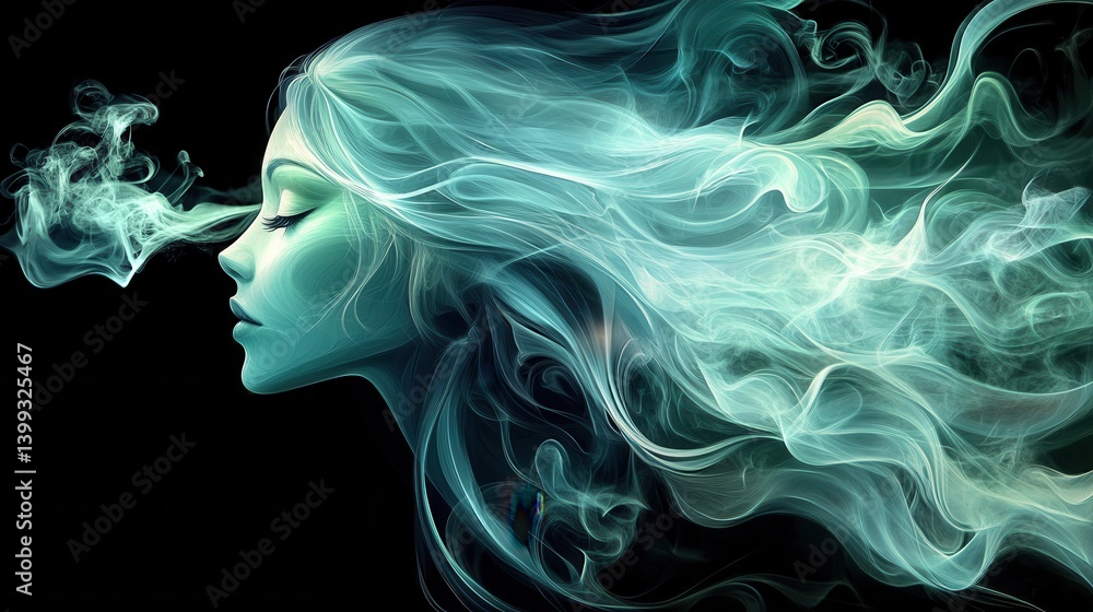Fototapeta premium A stylized portrait of a woman with flowing hair and ethereal smoke, creating a mystical and serene atmosphere against a dark background.
