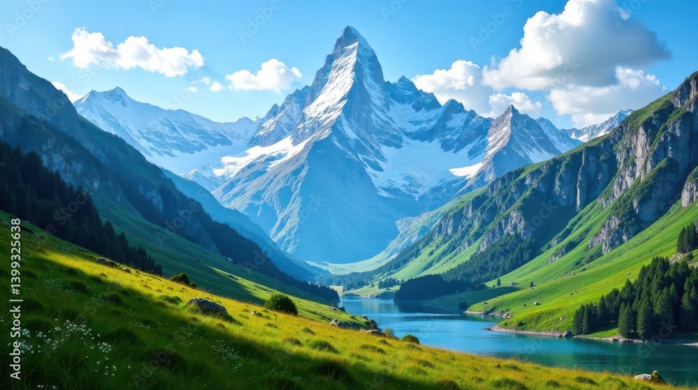Obraz premium Serene Alpine Lake Nestled Amongst Majestic Snow-Capped Peaks and Lush Green Meadows