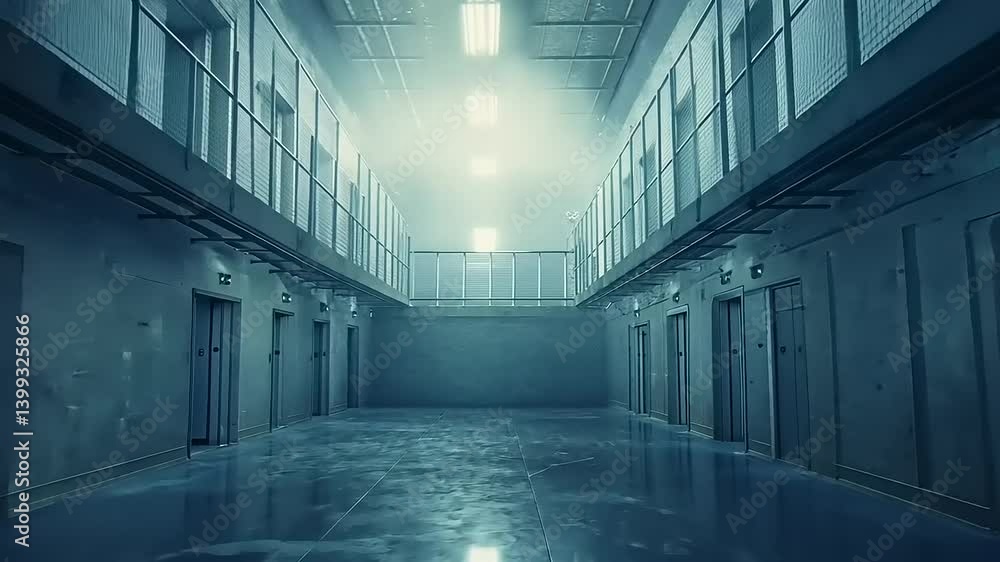 Dimly lit corridor in a modern facility with elevators and mist creating a mysterious atmosphere Dimly lit corridor in a modern facility with elevators and mist creating a mysterious atmosphere